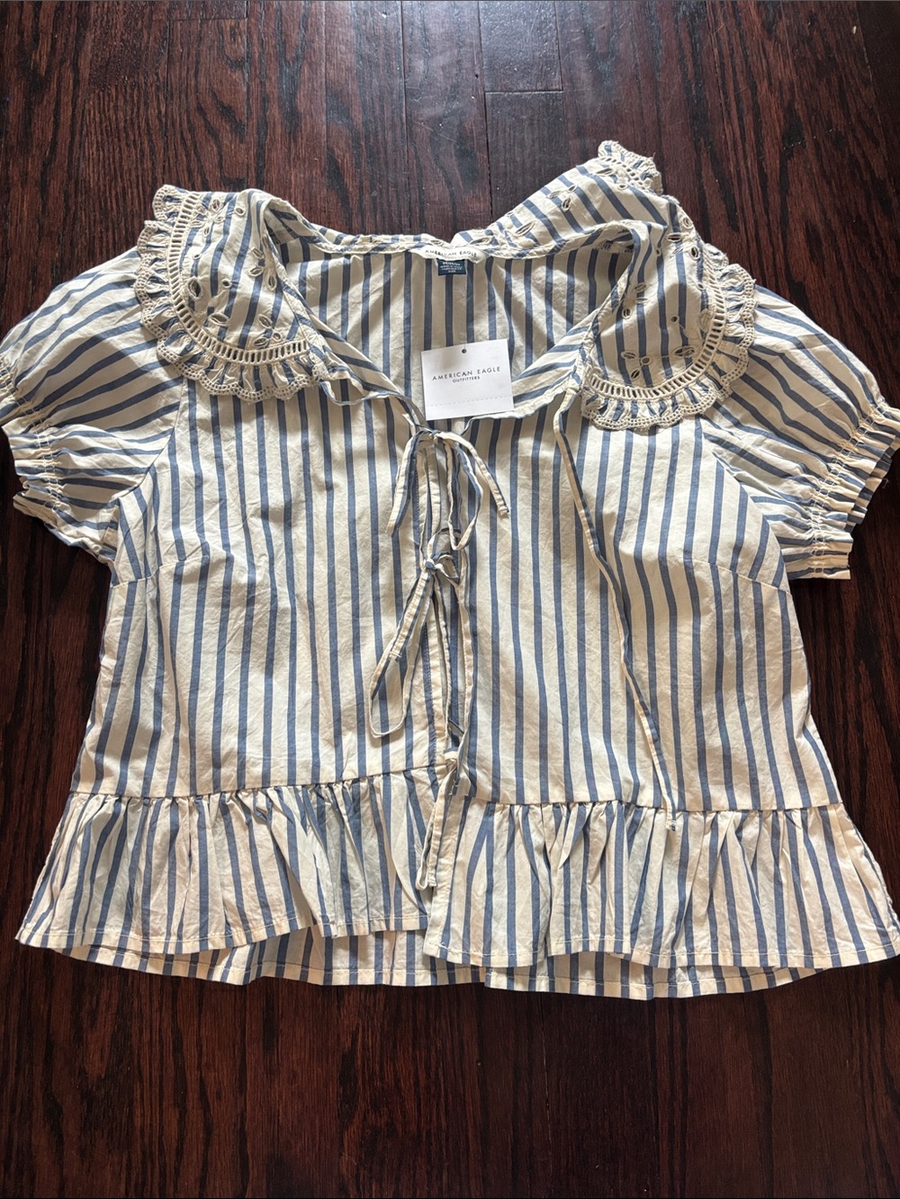 American Eagle Outfitters Blue and Cream Striped Ruffle Tie-Front Blouse